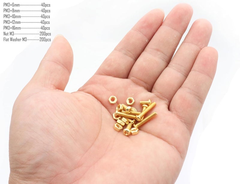 LBY 600pcs Machine Screws Assortment Kit, M3 Phillips Pan Head Bolts, 5 Sizes (with Nuts and Flat Washers), Copper (Yellow) - Image 3